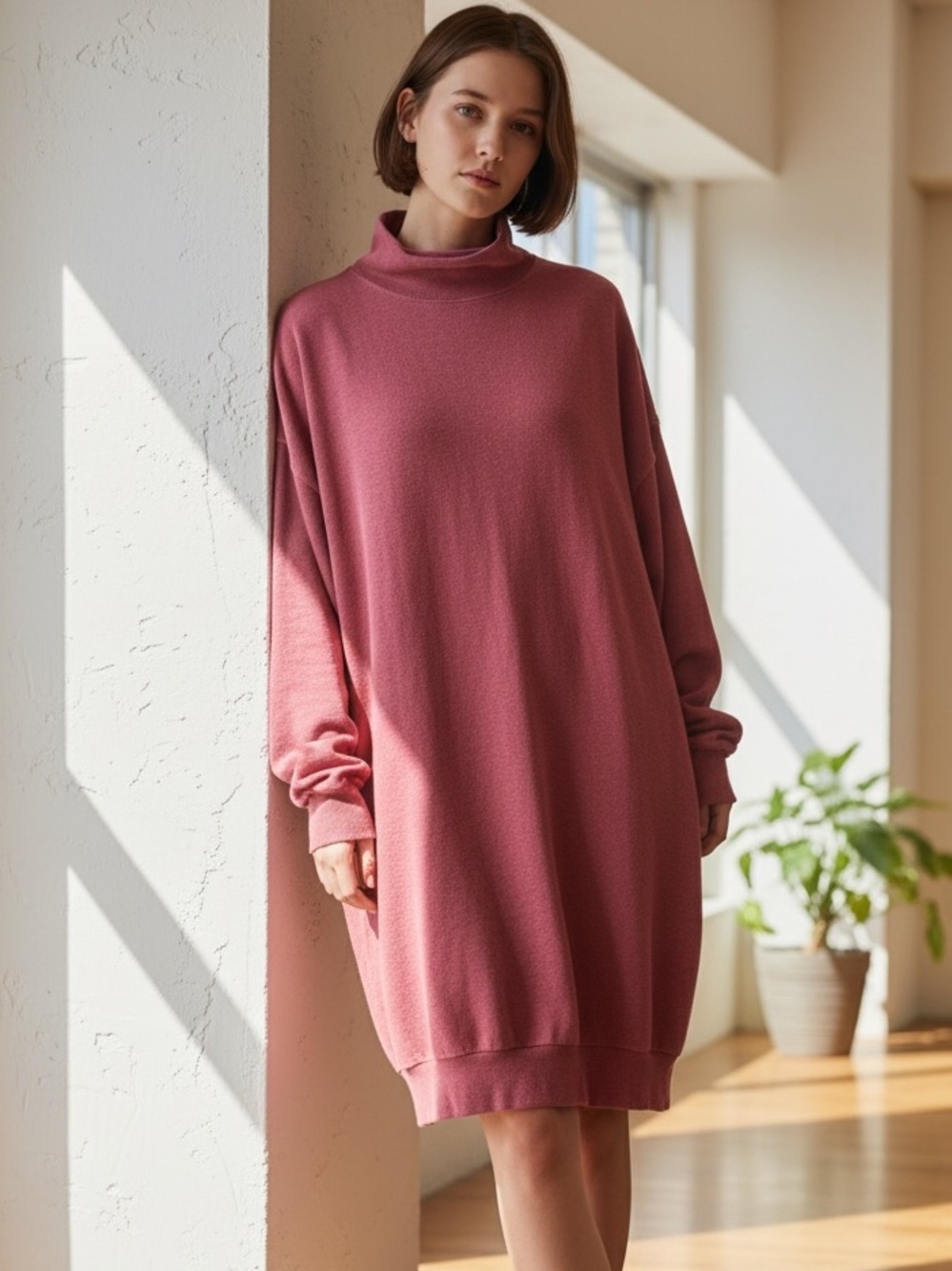 JOAN VASS VINTAGE OVERSIZED KNIT ROLLED NECK TUNIC DRESS RELAXED FIT COMFORT